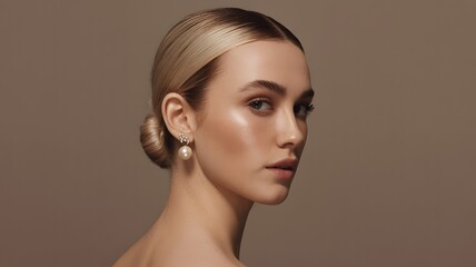 Fototapeta premium Elegant Portrait: A radiant blonde with a classic bun and elegant pearl earring showcases her beauty and poise. Capturing the essence of grace, beauty and sophisticated charm.