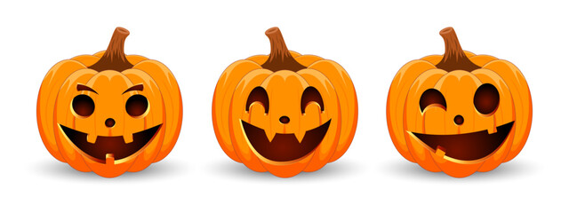 Set carved Halloween pumpkins with different scary faces isolated on white background. The main symbol of the Happy Halloween holiday. Vector illustration.