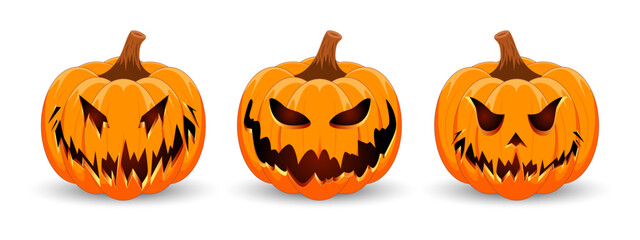 Set carved Halloween pumpkins with different scary faces isolated on white background. The main symbol of the Happy Halloween holiday. Vector illustration.