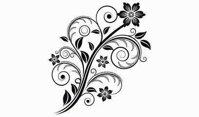 Elegant black and white floral swirl design with delicate flowers and leaves