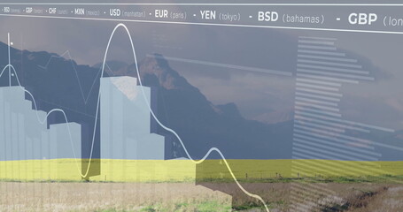 Fototapeta premium Overlaying bar chart, line graph across field by fence and mountain range, showing currency ticker