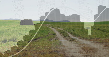 Displaying winding two-track road cutting through green meadow, with charts and error log text