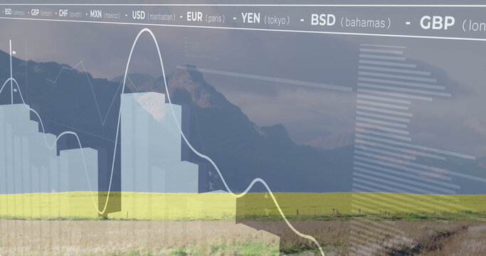 Fototapeta Overlaying bar chart, line graph across field by fence and mountain range, showing currency ticker