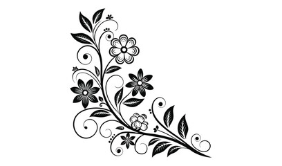 Elegant black and white floral corner design with swirling vines and delicate flowers