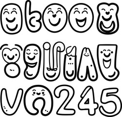 Playful bold line alphabet and number doodle set, cute cartoon letters with faces, minimal thick outline, black and white kids learning illustration, vector style 1