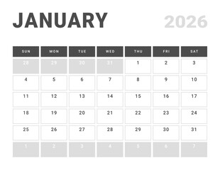 Monthly page Calendar Planner Template design of January 2026. Vector layout of calendar with week start Sunday for Scheduling. Page for size A4 or 21x29.7 cm