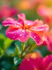 Obraz premium Macro photography of delicate flower in pink and orange tones with dewdrops. Perfect for freshness, nature visuals, and seasonal floral designs