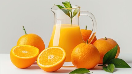 photo-realistic composition of a glass pitcher and a full glass of orange juice, surrounded by fresh whole oranges and orange halves