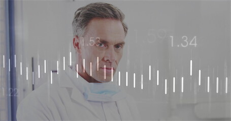 Monitoring doctor wearing white lab coat and surgical mask evaluating numeric data bars in clinic