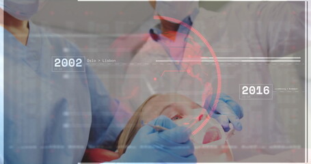 Reclining child patient having oral exam at clinic, with dental mirror, probe and timeline overlay