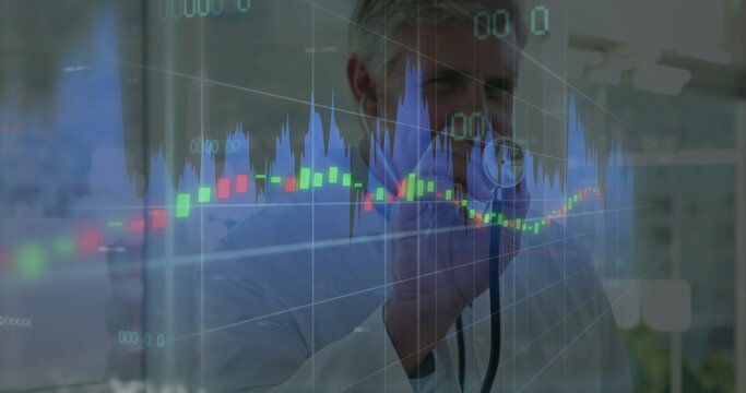 Doctor in lab coat holding stethoscope examining candlestick charts on digital display in clinic