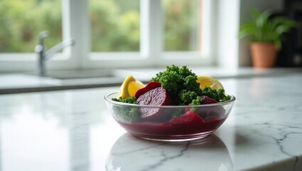 Beet and kale salad with lemon wedges on marble kitchen counter