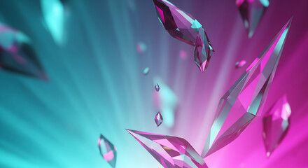 Abstract background of floating purple crystals against a vibrant blue and pink gradient