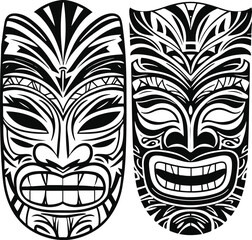 Black and white tiki mask line art set, hand-drawn tropical Polynesian totem icons, minimal Hawaii beach surfboard doodle, exotic travel outline vector collection 1