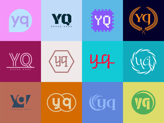 YQ logo company template. Letter y and q logotype. Set different classic serif lettering and modern bold text with design elements. Initial font typography.
