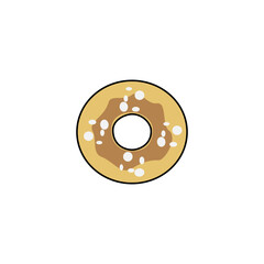 Flat vector illustration of a donut with brown icing and white sprinkles. Minimalist design suitable for bakery, dessert, or snack-related concepts