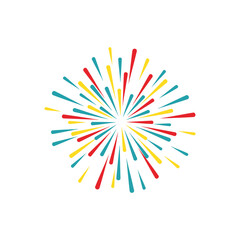 A group of creative colorful art forms sparks of fireworks on a white background to depict birthday and new year celebrations.