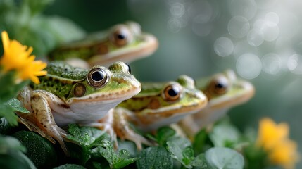 Frogs gathering in a lush garden nature photography close-up view vibrant environment harmony of wildlife
