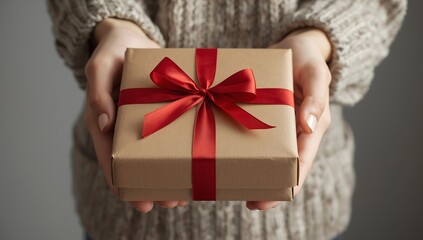 A man holding a gift box. Birthday, corporate event, Small gift in the hands of a woman indoor.
