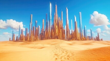 Surreal desert landscape featuring futuristic skyscrapers under a bright blue sky, symbolizing