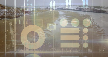 Displaying semi-transparent donut chart with pie and bar graphs above frosty coastal shoreline