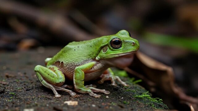 Bright Green Tree Frog Resting on a Mossy, Wet Rock in the Rainforest. AI video