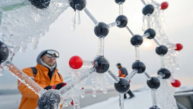 ice nanostructure analysis Scientists study molecular structures in icy conditions, showcasing innovation and research.