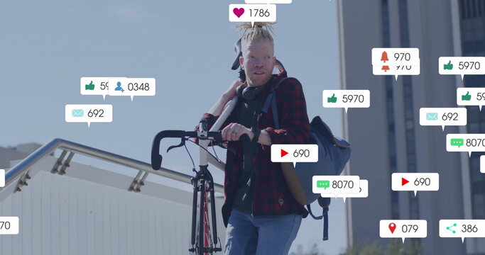 Carrying bicycle cyclist walking on bridge, with headphones and floating social media icons