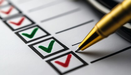 Checklist with green checks and pen on paper.