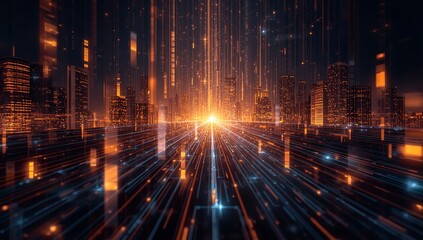 A captivating abstract of a futuristic coding concept with glowing lines and symbols, high-tech, symbolizing innovation and digital transformation.