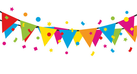 A fun and festive birthday celebration banner with colorful confetti, streamers, and garlands