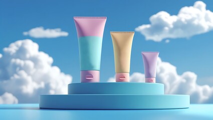 Blank label tube placed on glass podium on a clear blue sky soft clouds background