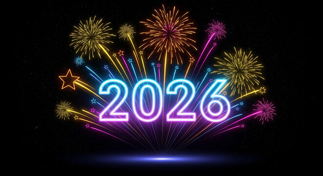 Glowing 2026 neon text with vibrant fireworks burst and star on a dark background for new year celebration - Powered by Adobe