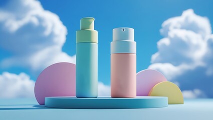 Blank label tube placed on glass podium on a clear blue sky soft clouds background