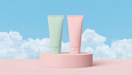 To pastel tubes of cream on, surrounded by pastel clouds. Minimalist product display.