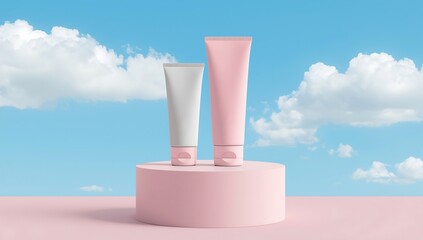 To pastel tubes of cream on, surrounded by pastel clouds. Minimalist product display.
