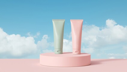 To pastel tubes of cream on, surrounded by pastel clouds. Minimalist product display.