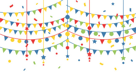 Fototapeta premium A fun and festive colorful vector illustration of paper streamers, confetti, and stars celebrating a happy holiday party