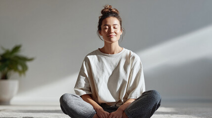 Serene woman meditating in lotus position. Natural light floods the peaceful room, symbolizing mindfulness and wellness. Ideal for health, lifestyle, and zen concepts.