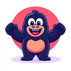 Fototapeta premium Cartoon gorilla, cheerful, standing, arms raised, pink background, playful, cute character