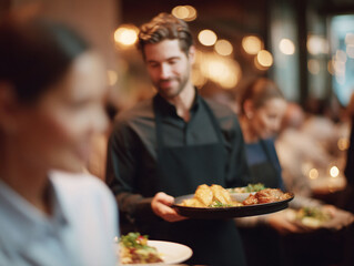 Elegant dining scene featuring waitstaff serving delicious meals in a warm, inviting restaurant setting. Perfect for hospitality, service or culinary themes.