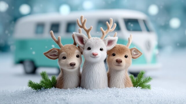 Festive deer family winter wonderland 3d characters snowy environment close-up view cute concept for kids - Powered by Adobe