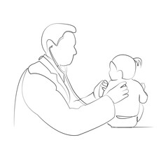 One continuous single drawing line art flat doodle child, patient, doctor, care, girl, examining, hospital, female, stethoscope. Isolated image hand draw contour on a white background, hand drawn, not