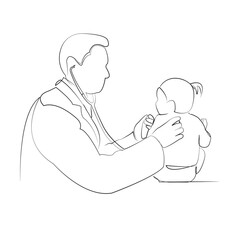 One continuous single drawing line art flat doodle child, patient, doctor, care, girl, examining, hospital, female, stethoscope. Isolated image hand draw contour on a white background, hand drawn, not