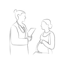 One continuous single drawing line art flat doodle woman, doctor, pregnant, hospital, patient, care, mother, indoor, adult. Isolated image hand draw contour on a white background, hand drawn, not AI