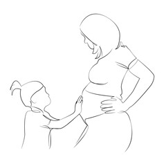 One continuous single drawing line art flat doodle mother, children, daughter, pregnant, woman, togetherness, belly, pregnancy. Isolated image hand draw contour on a white background, hand drawn, not 