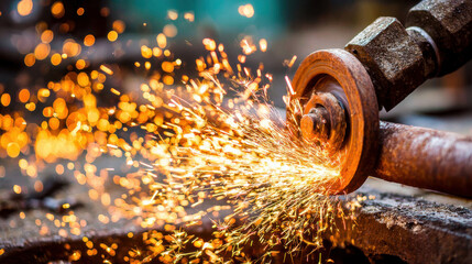 Worker using angle grinder creating sparks during metal cutting process