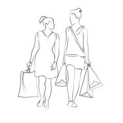 One continuous single drawing line art flat doodle woman, friends, shopping, girl, female, sale, store, bag, purchase. Isolated image hand draw contour on a white background, hand drawn, not AI