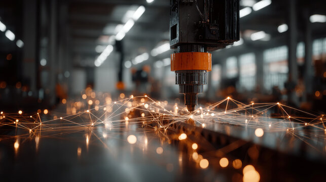 Robotic arm working on metal detail with data flow visualization in factory