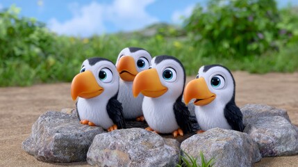 Playful puffin birds gather on rocks coastal beach animated scene sunny environment close-up view fun and friendship